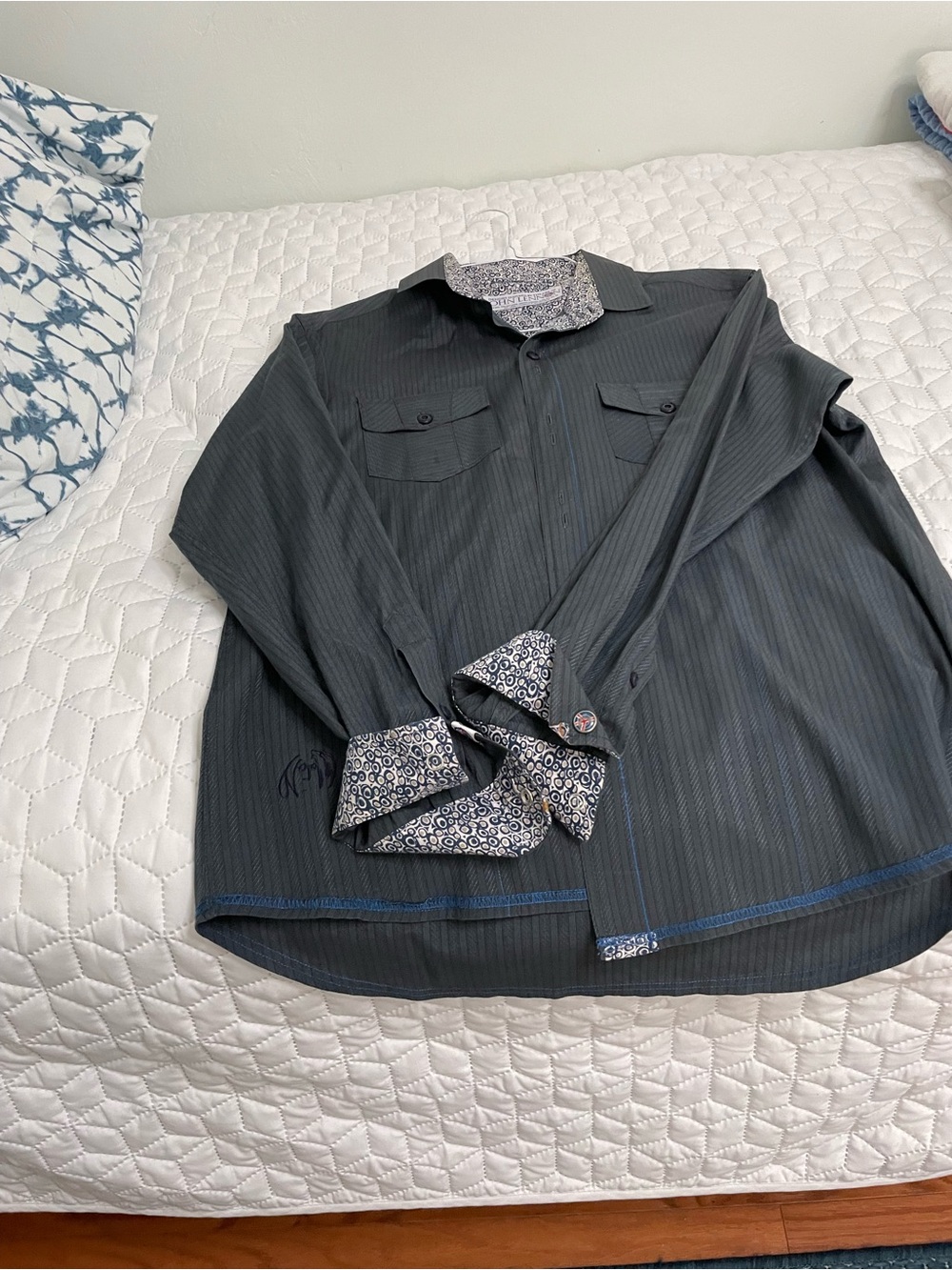Men's Black Pinstripe Casual Button-Down Shirt with Printed Cuffs